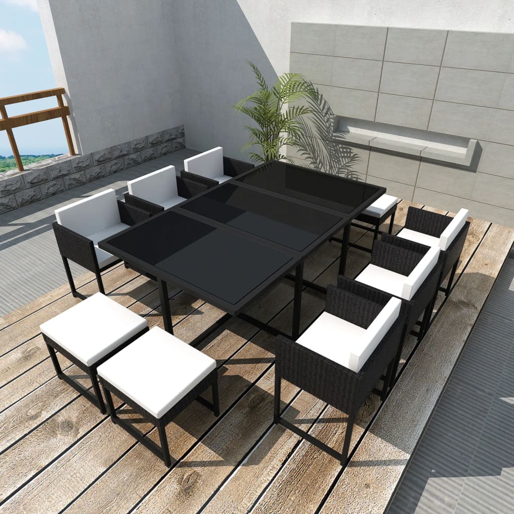 11 Piece Outdoor Dining Set with Cushions Poly Rattan Black