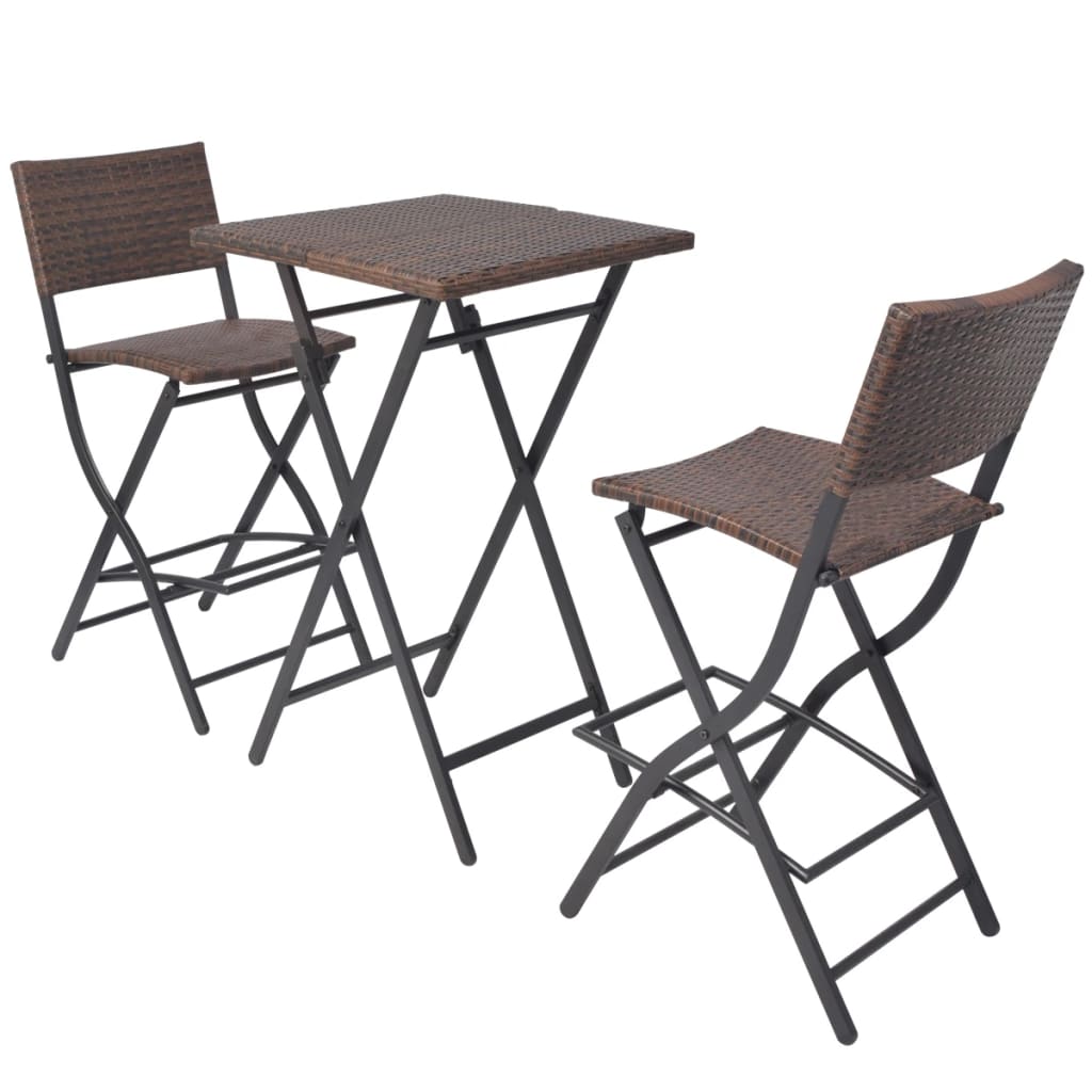 3 Piece Folding Bistro Set Steel Poly Rattan Brown