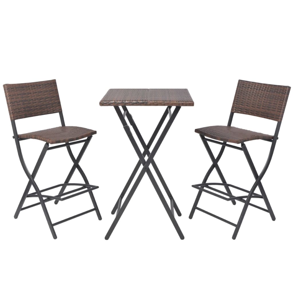 3 Piece Folding Bistro Set Steel Poly Rattan Brown