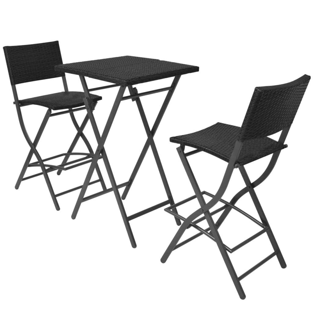 3 Piece Folding Bistro Set Steel Poly Rattan Black