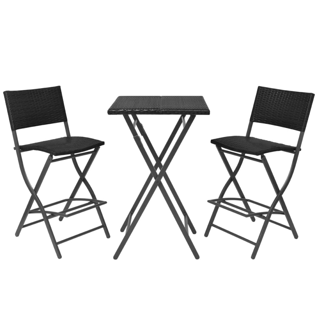 3 Piece Folding Bistro Set Steel Poly Rattan Black