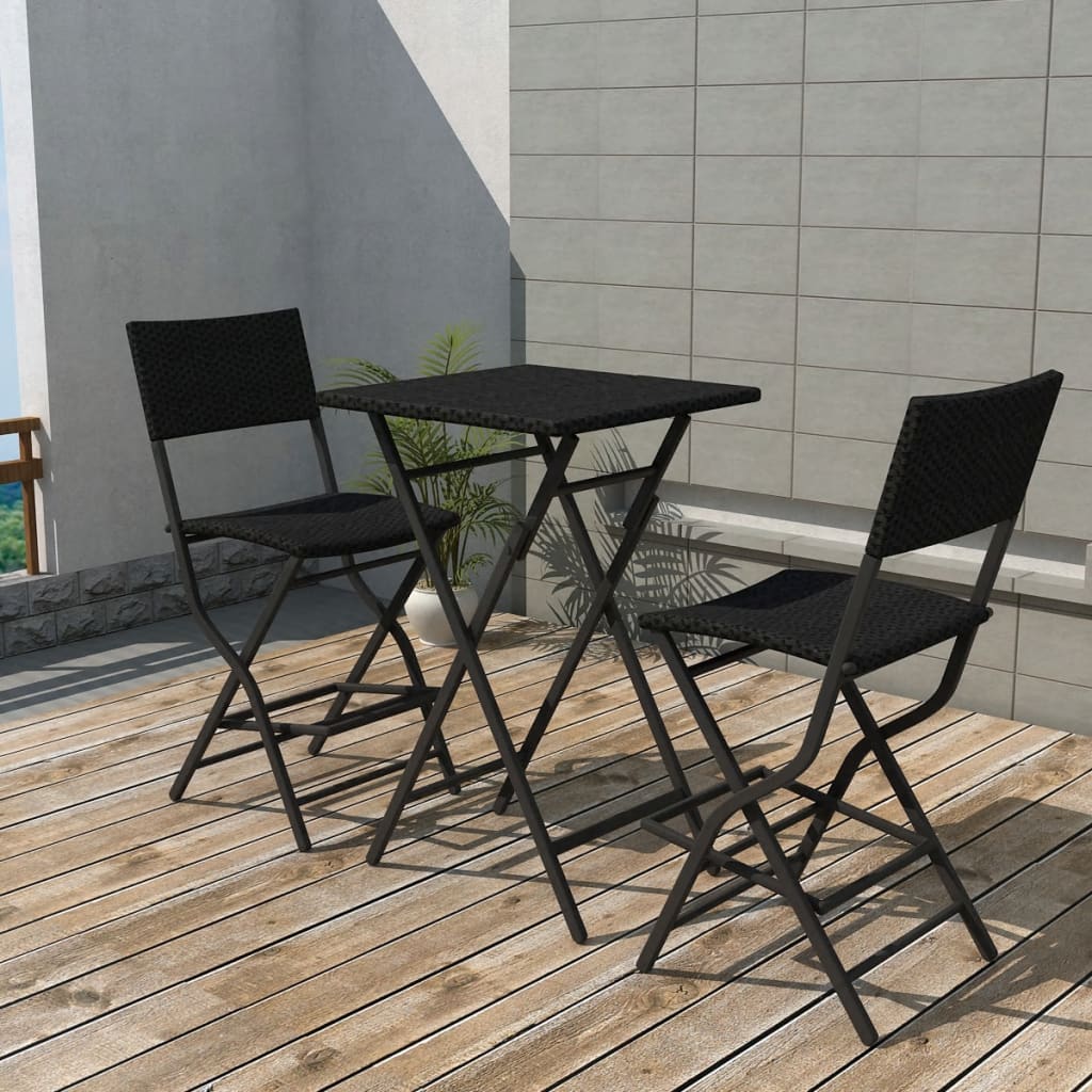 3 Piece Folding Bistro Set Steel Poly Rattan Black