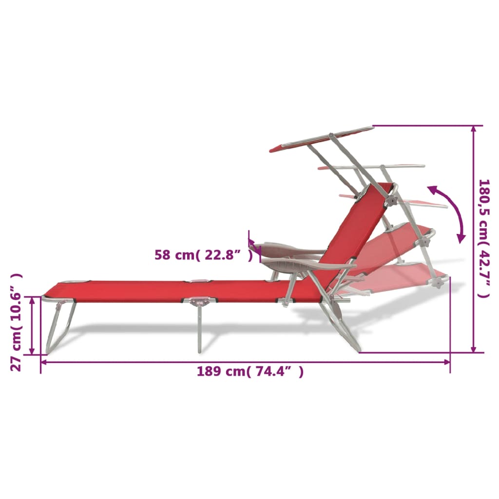 Sun Lounger with Canopy Steel Red