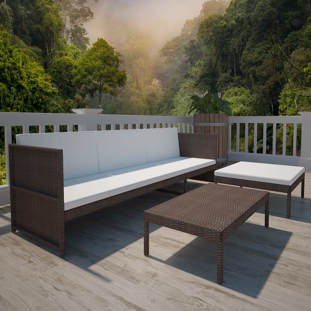 3 Piece Garden Lounge Set with Cushions Poly Rattan Brown