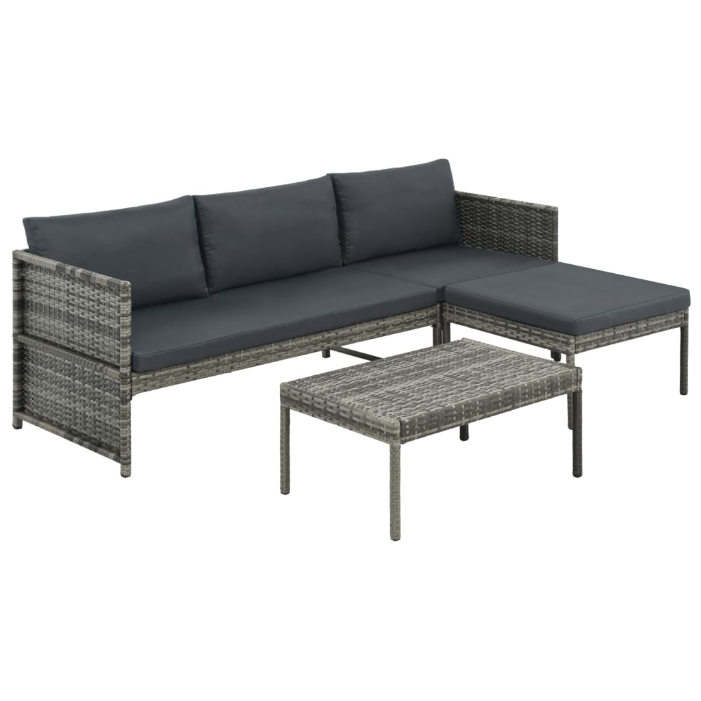 3 Piece Garden Lounge Set with Cushions Poly Rattan Grey