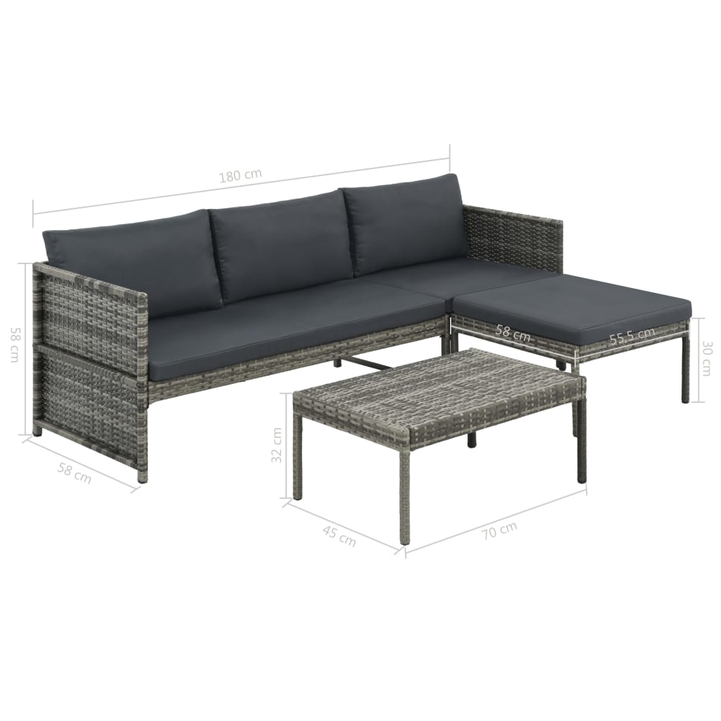 3 Piece Garden Lounge Set with Cushions Poly Rattan Grey