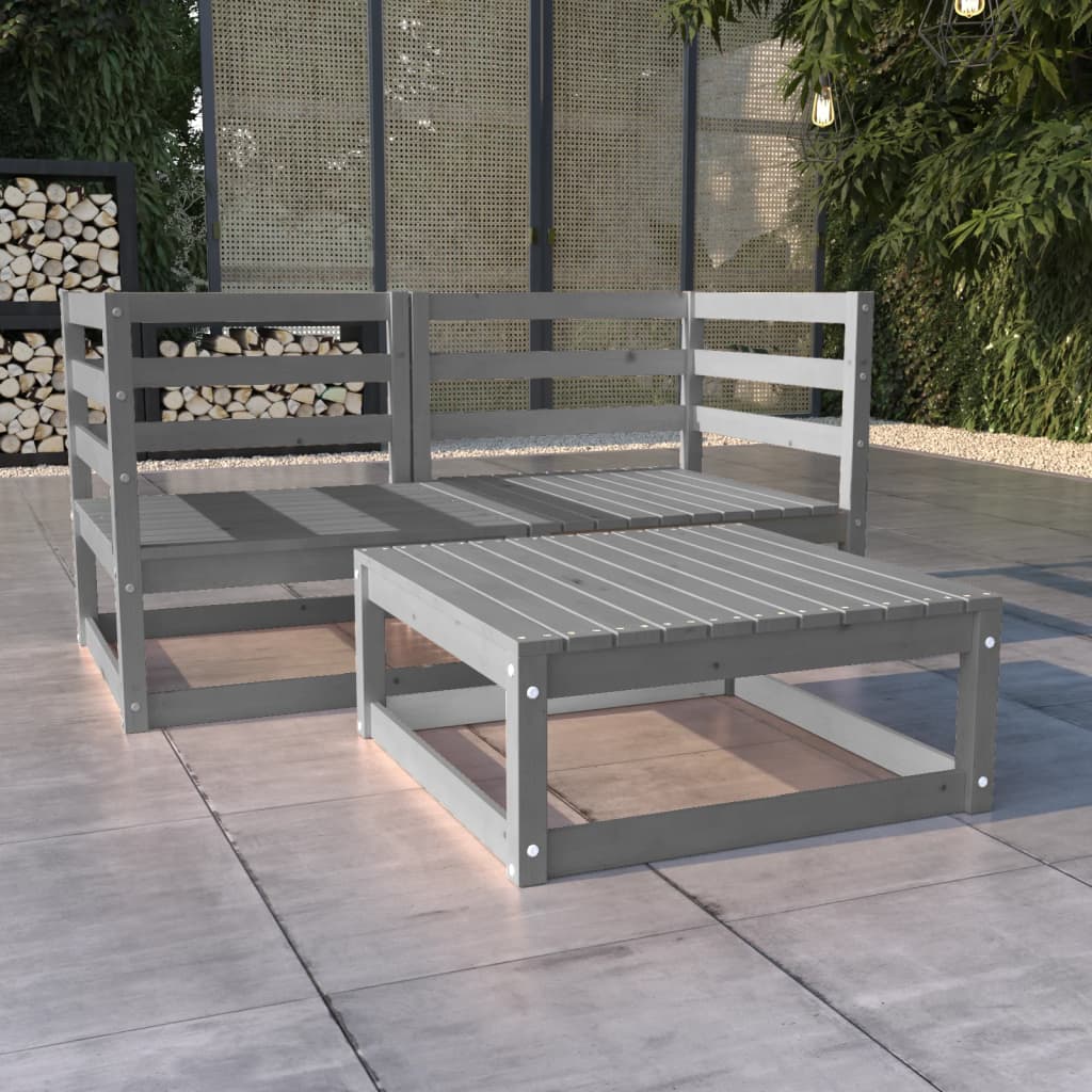 3 Piece Garden Lounge Set Grey Solid Wood Pine