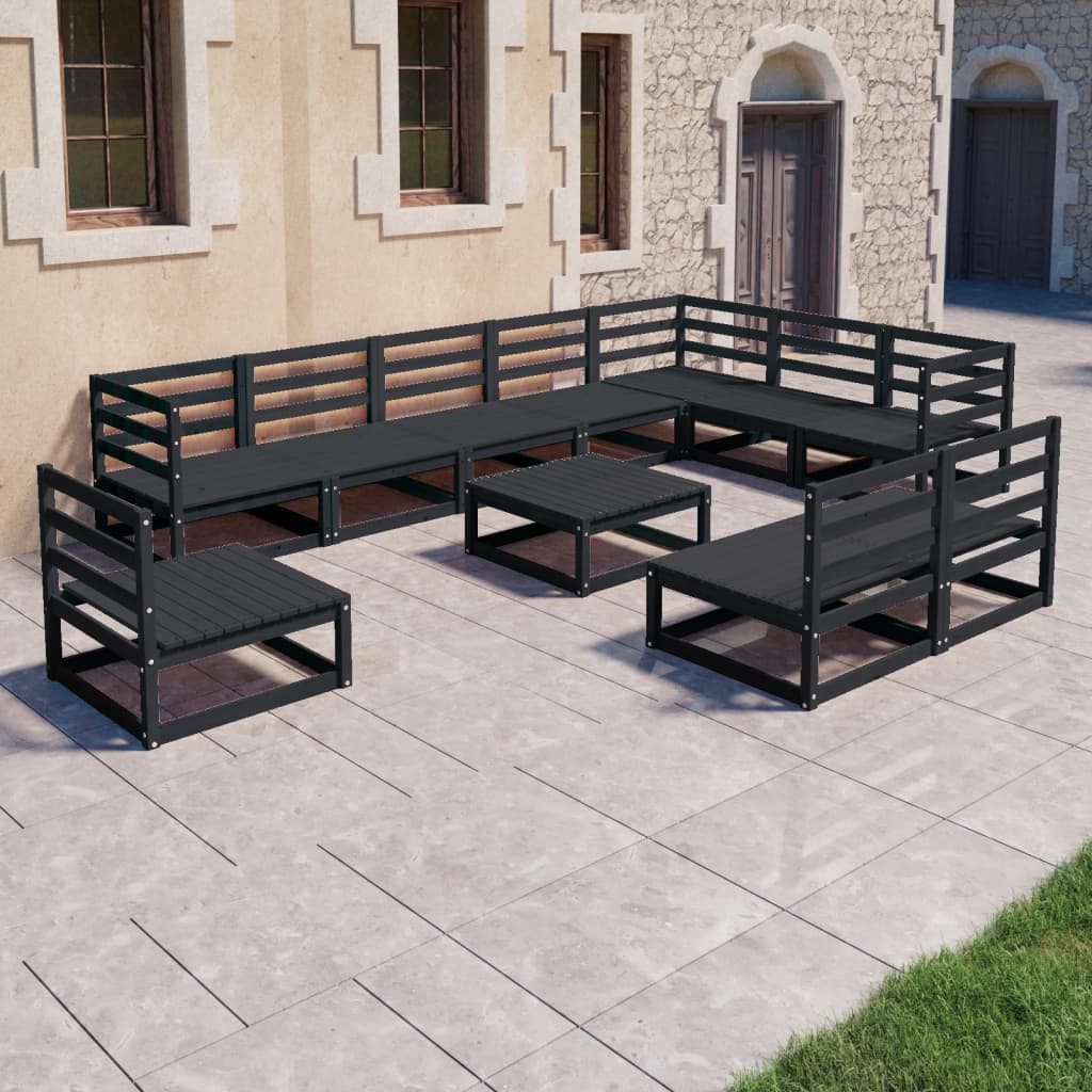 11 Piece Garden Lounge Set Black Solid Pinewood