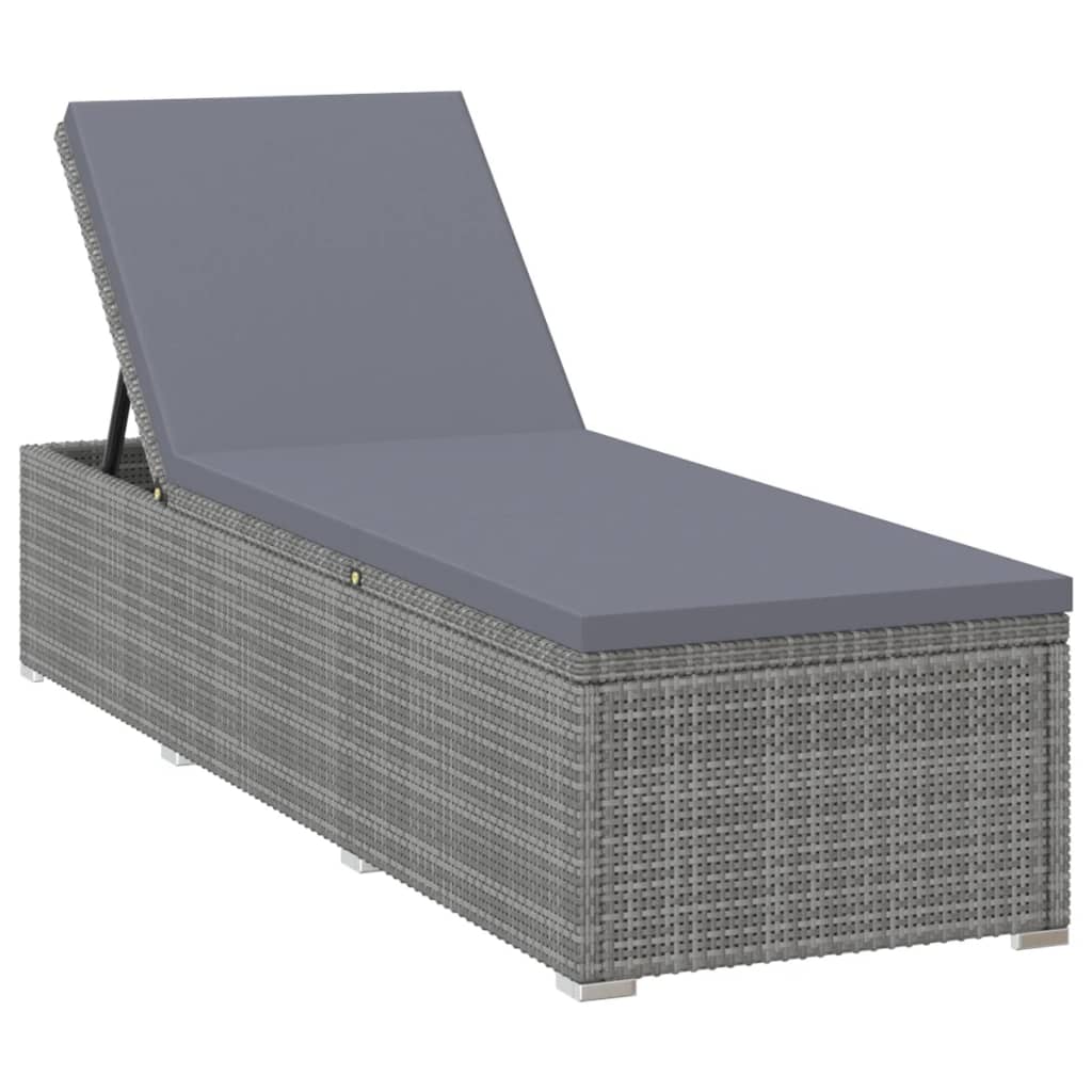 Sun Lounger with Cushion and Tea Table Poly Rattan Grey