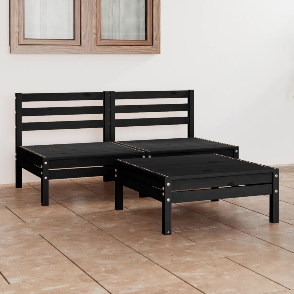 3 Piece Garden Lounge Set Black Solid Pinewood