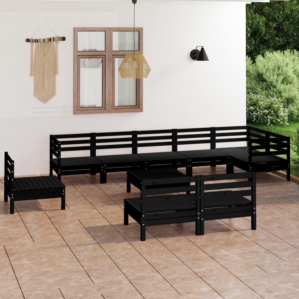 10 Piece Garden Lounge Set Solid Wood Pine Black