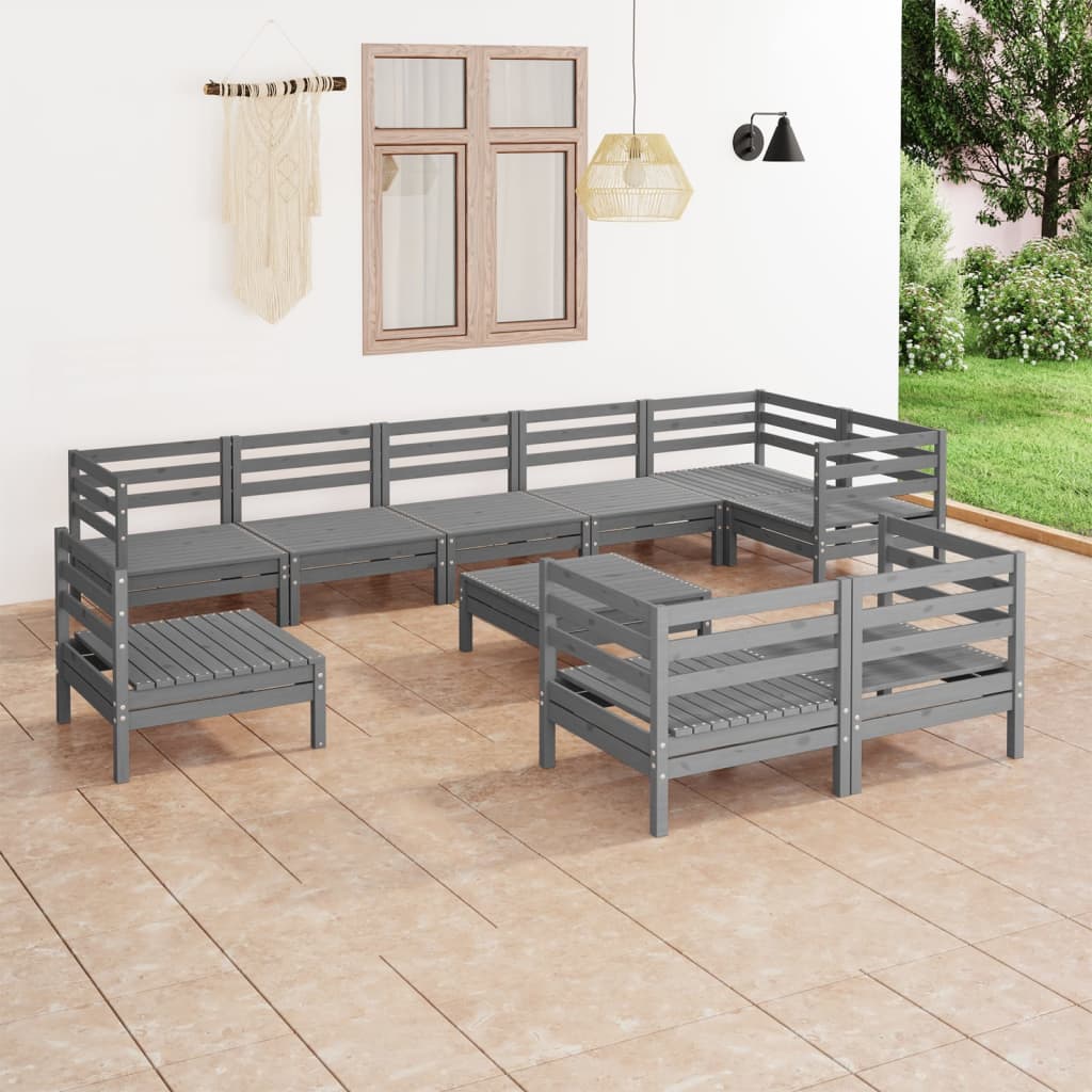 10 Piece Garden Lounge Set Solid Wood Pine Grey