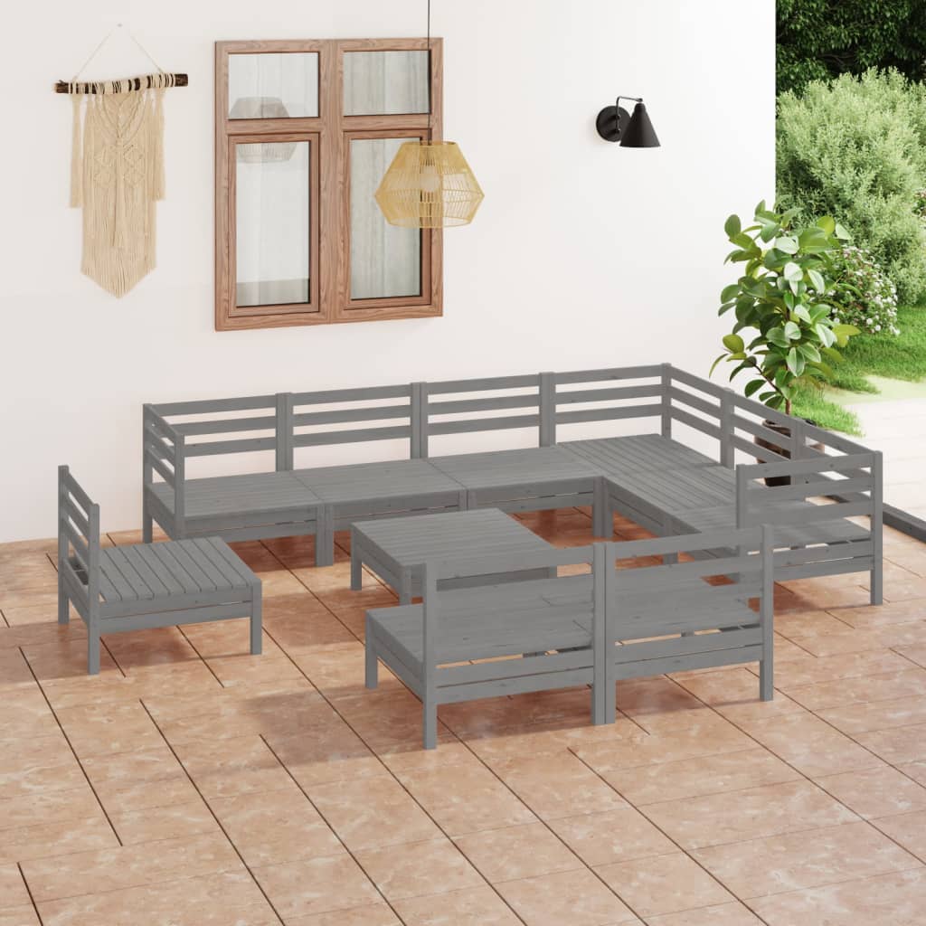 10 Piece Garden Lounge Set Solid Wood Pine Grey