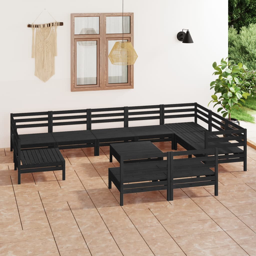 11 Piece Garden Lounge Set Solid Wood Pine Black