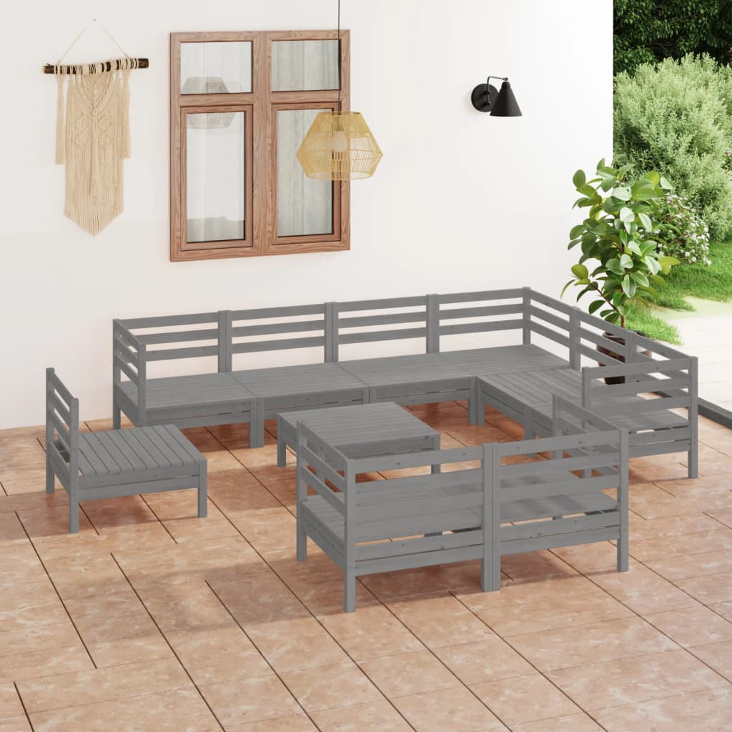 10 Piece Garden Lounge Set Solid Wood Pine Grey