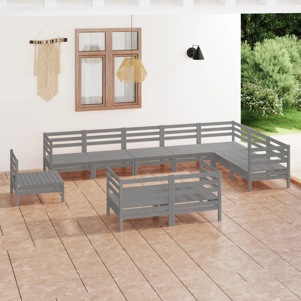 10 Piece Garden Lounge Set Solid Wood Pine Grey