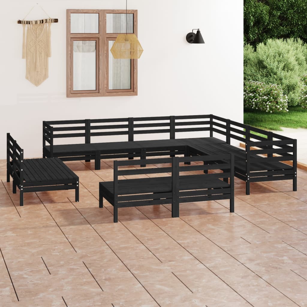 11 Piece Garden Lounge Set Solid Wood Pine Black