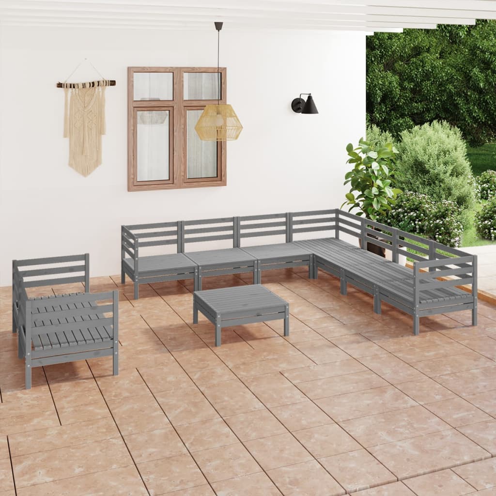 10 Piece Garden Lounge Set Solid Wood Pine Grey