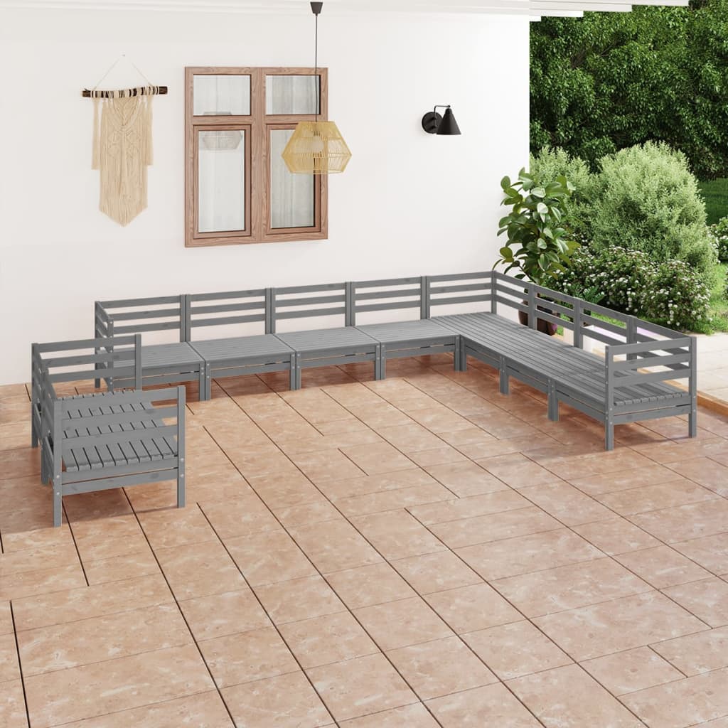 10 Piece Garden Lounge Set Solid Wood Pine Grey