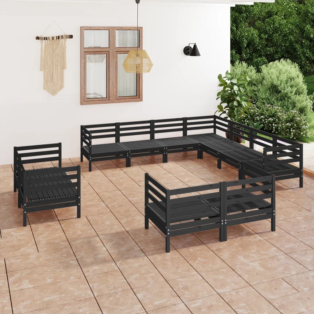 11 Piece Garden Lounge Set Solid Wood Pine Black