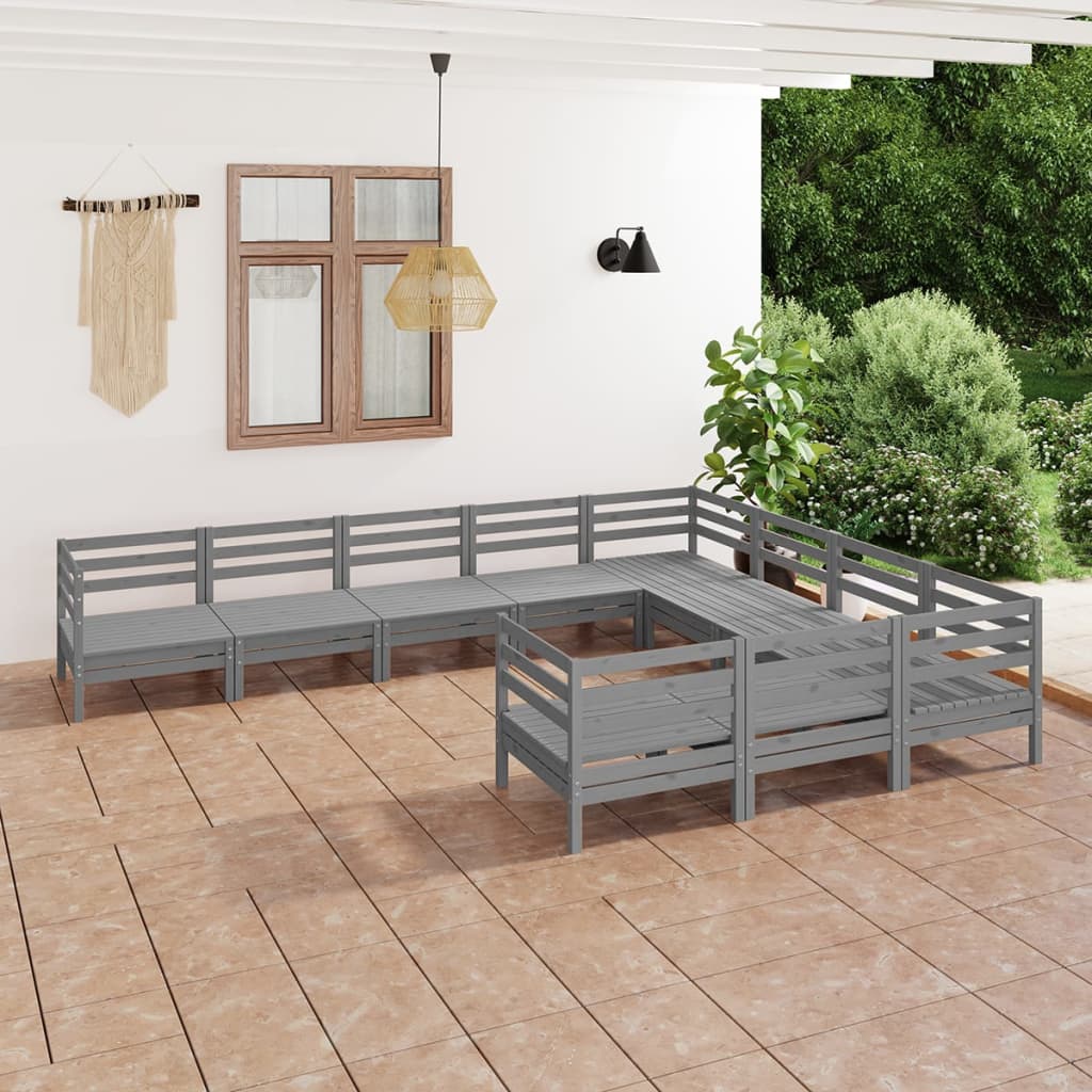 10 Piece Garden Lounge Set Grey Solid Wood Pine