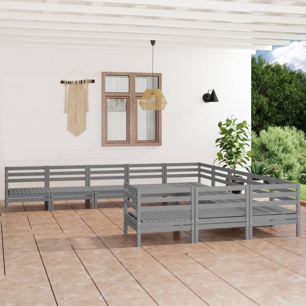 11 Piece Garden Lounge Set Grey Solid Wood Pine