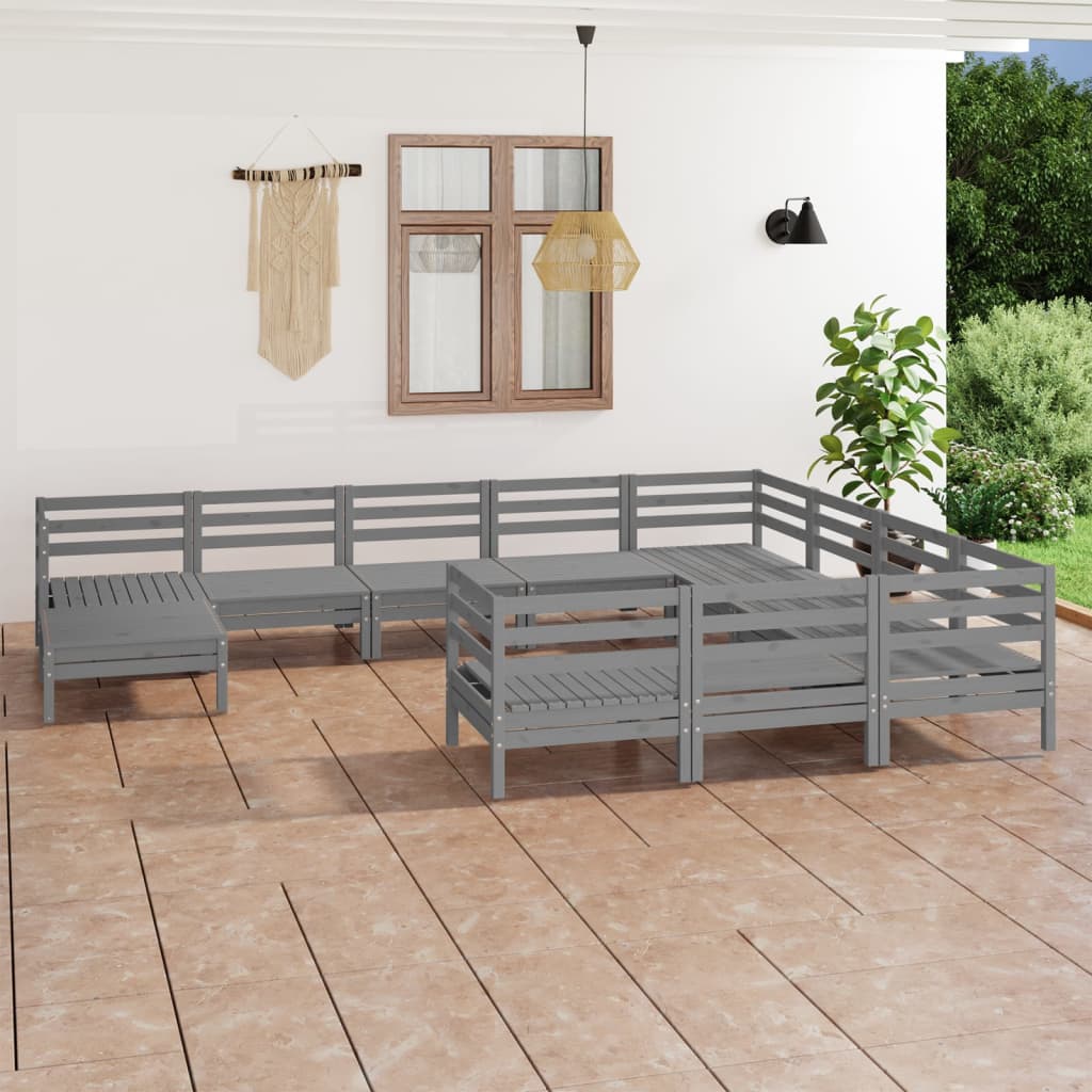 11 Piece Garden Lounge Set Grey Solid Wood Pine