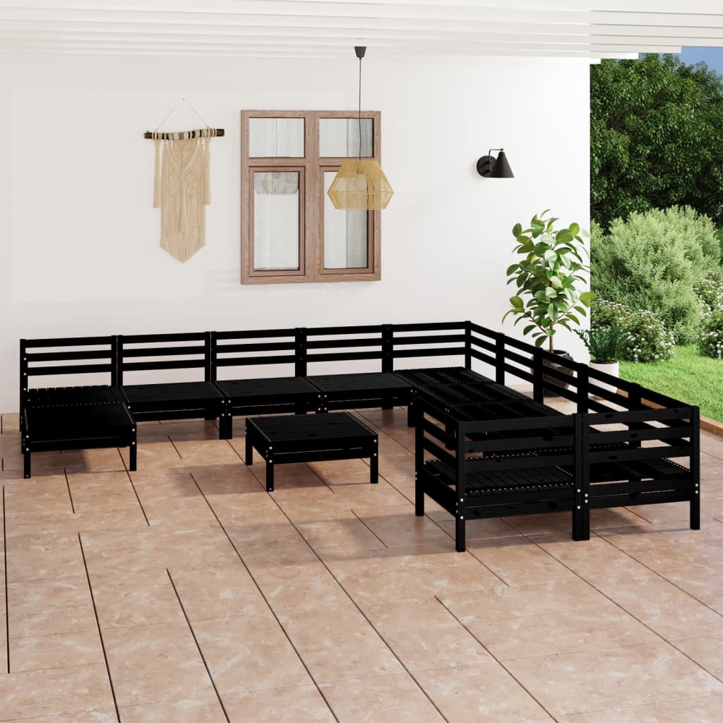 12 Piece Garden Lounge Set Black Solid Wood Pine