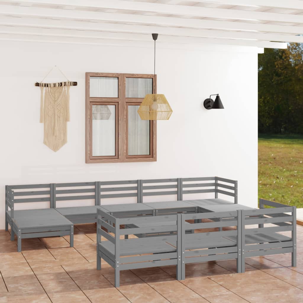 11 Piece Garden Lounge Set Grey Solid Wood Pine