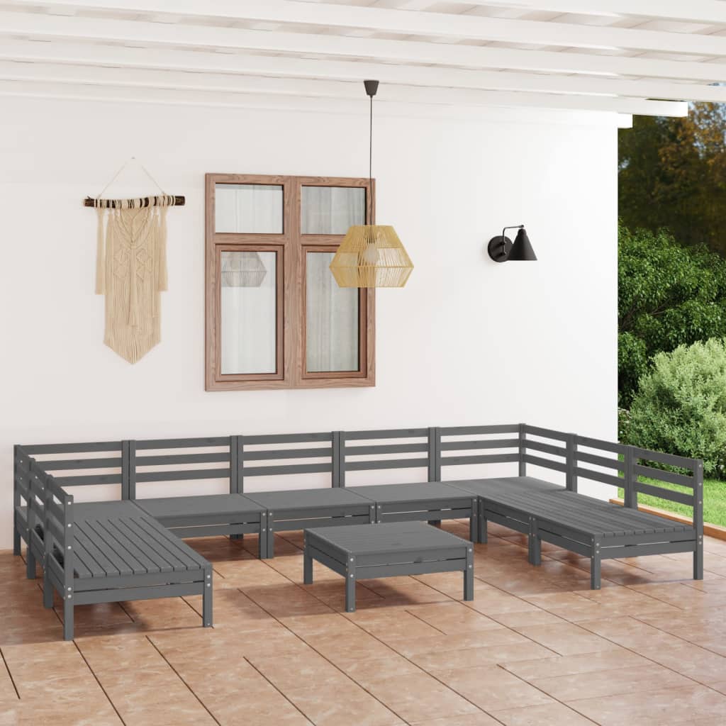 10 Piece Garden Lounge Set Grey Solid Wood Pine