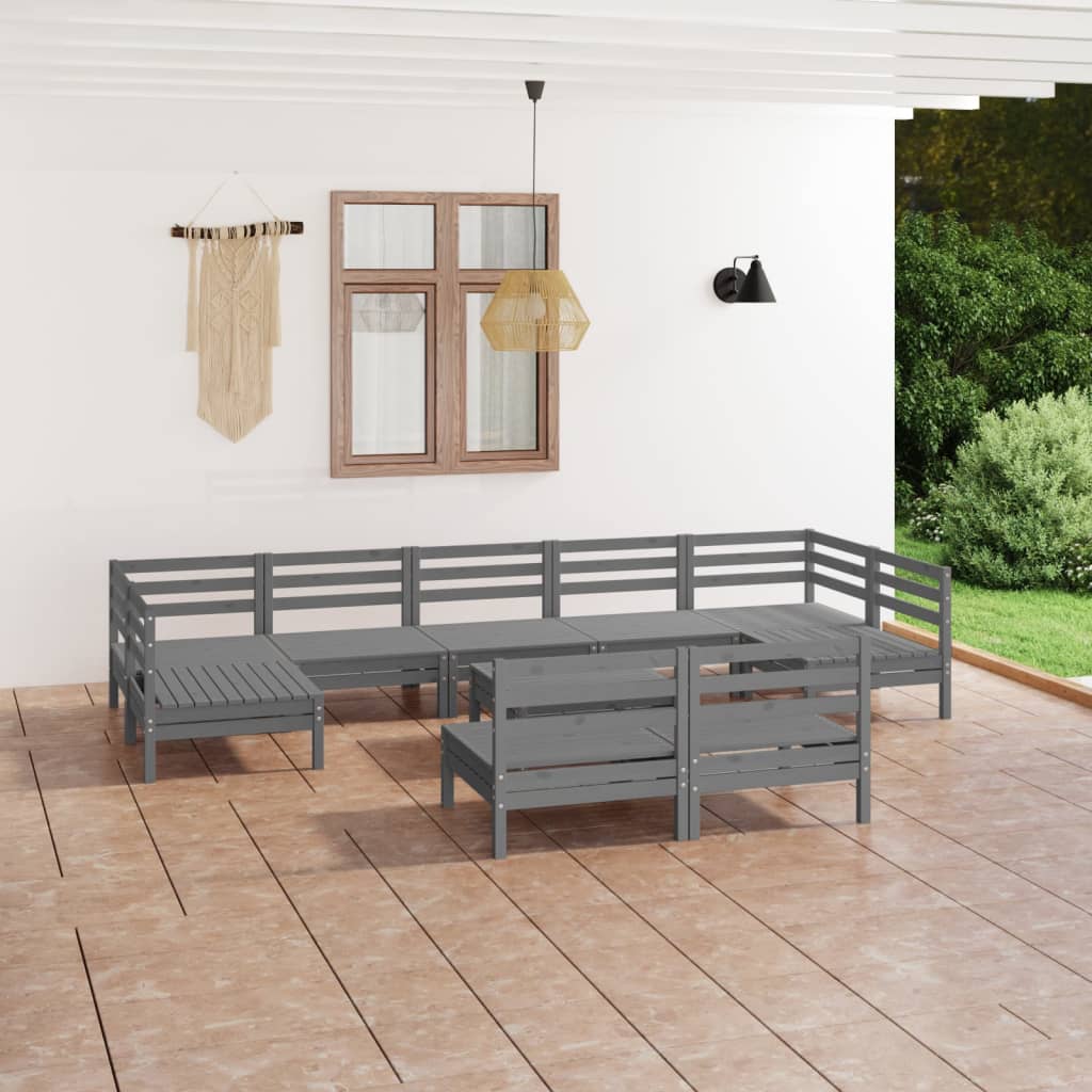 10 Piece Garden Lounge Set Grey Solid Wood Pine