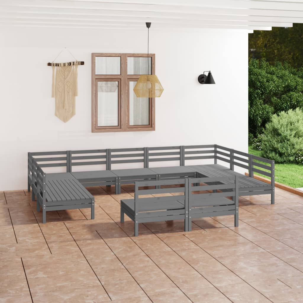 11 Piece Garden Lounge Set Grey Solid Wood Pine