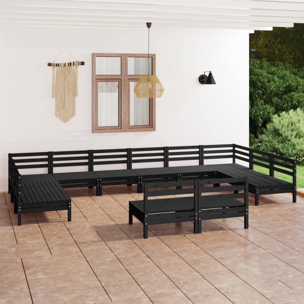 12 Piece Garden Lounge Set Black Solid Wood Pine