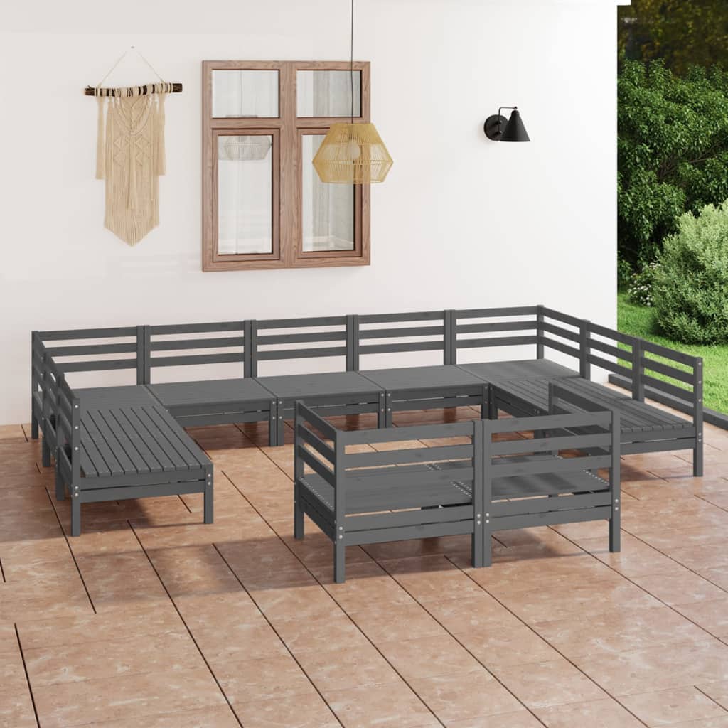 11 Piece Garden Lounge Set Grey Solid Wood Pine