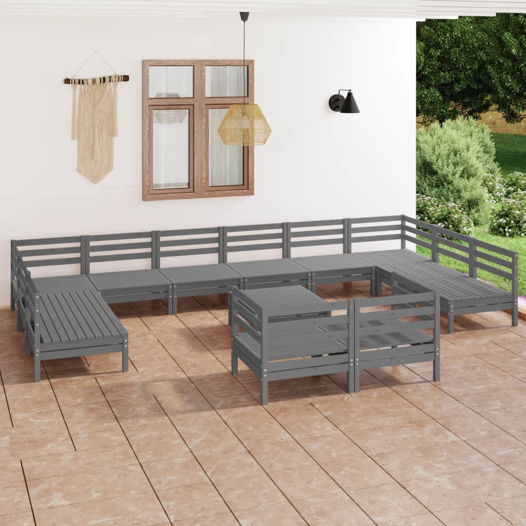 13 Piece Garden Lounge Set Grey Solid Wood Pine