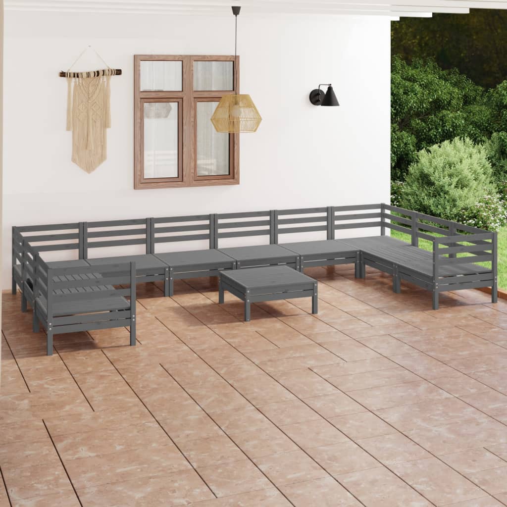 11 Piece Garden Lounge Set Grey Solid Wood Pine