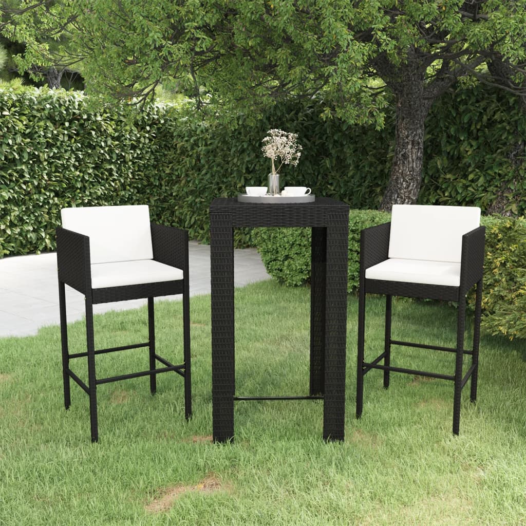 3 Piece Garden Bar Set with Cushions Poly Rattan Black