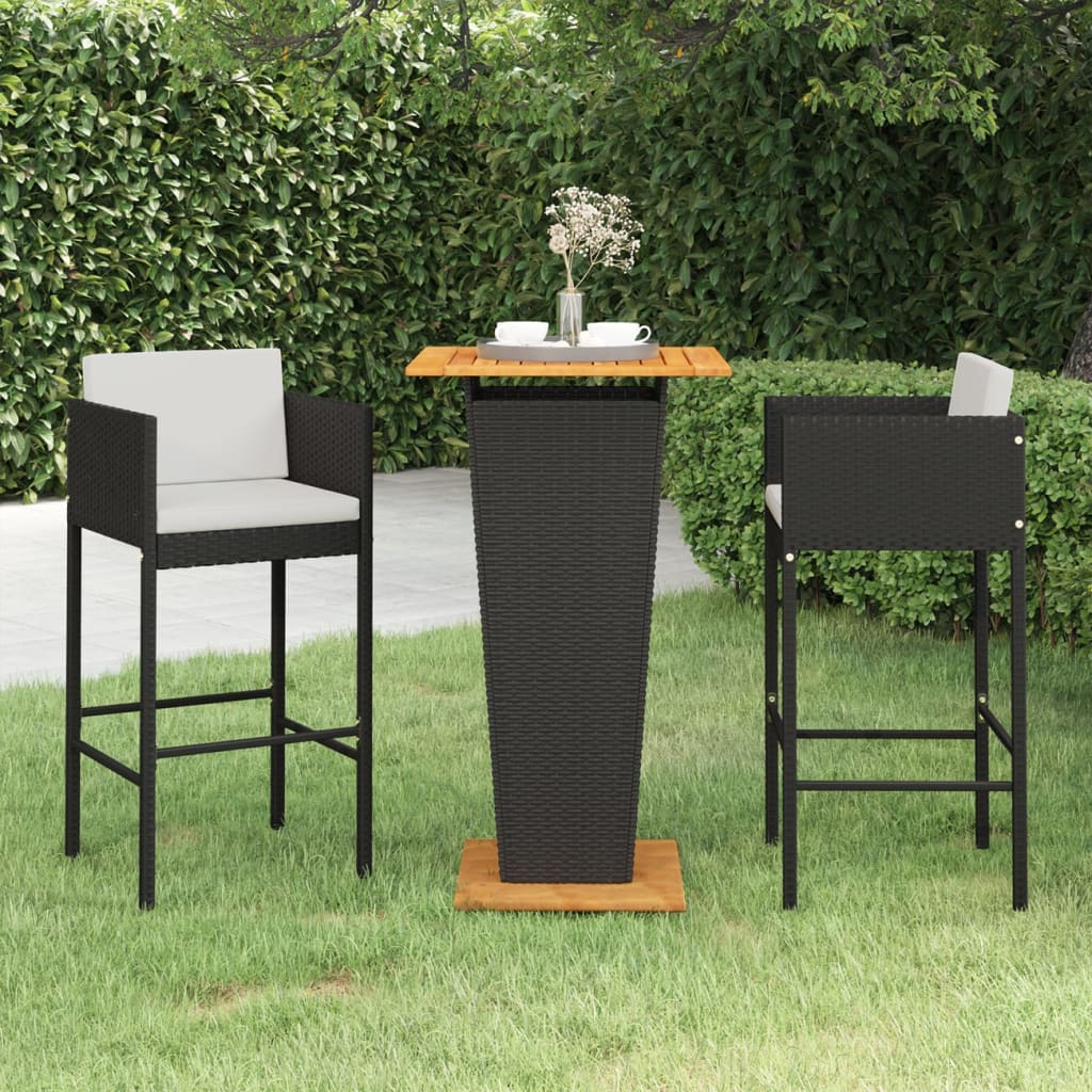 3 Piece Garden Bar Set with Cushions Poly Rattan Black