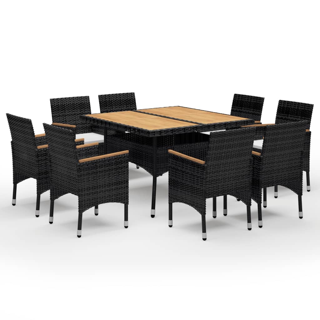 9 Piece Garden Dining Set Poly Rattan and Solid Wood Black