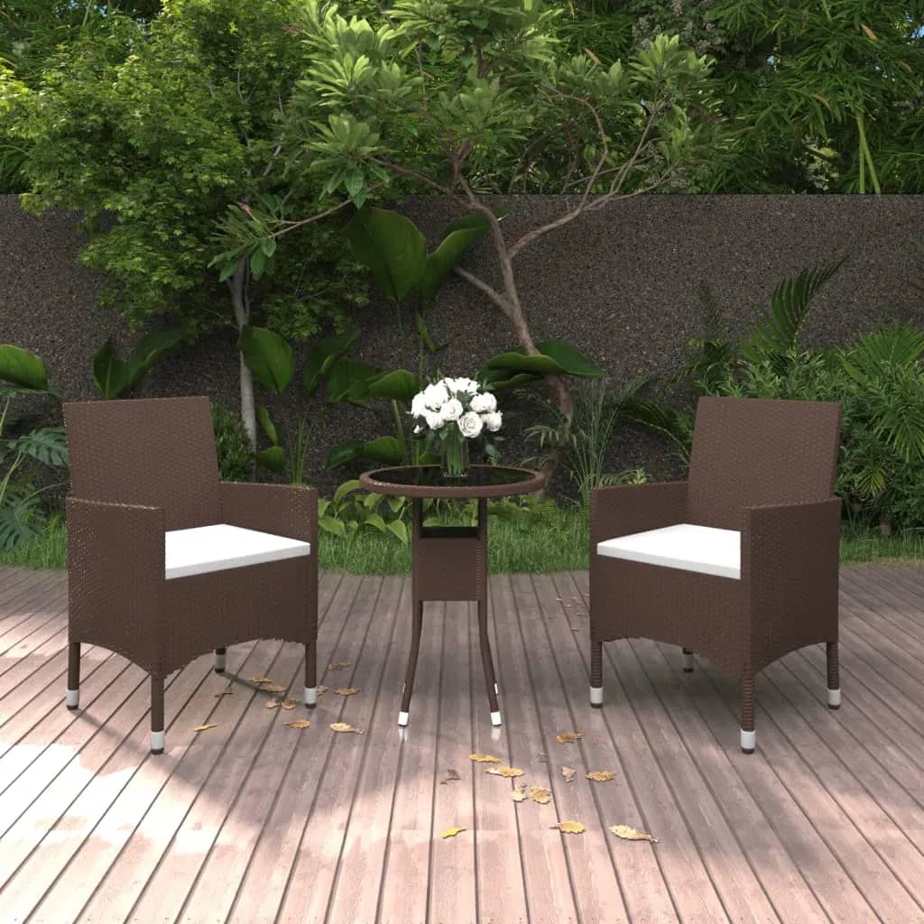 3 Piece Garden Bistro Set Poly Rattan and Tempered Glass Brown