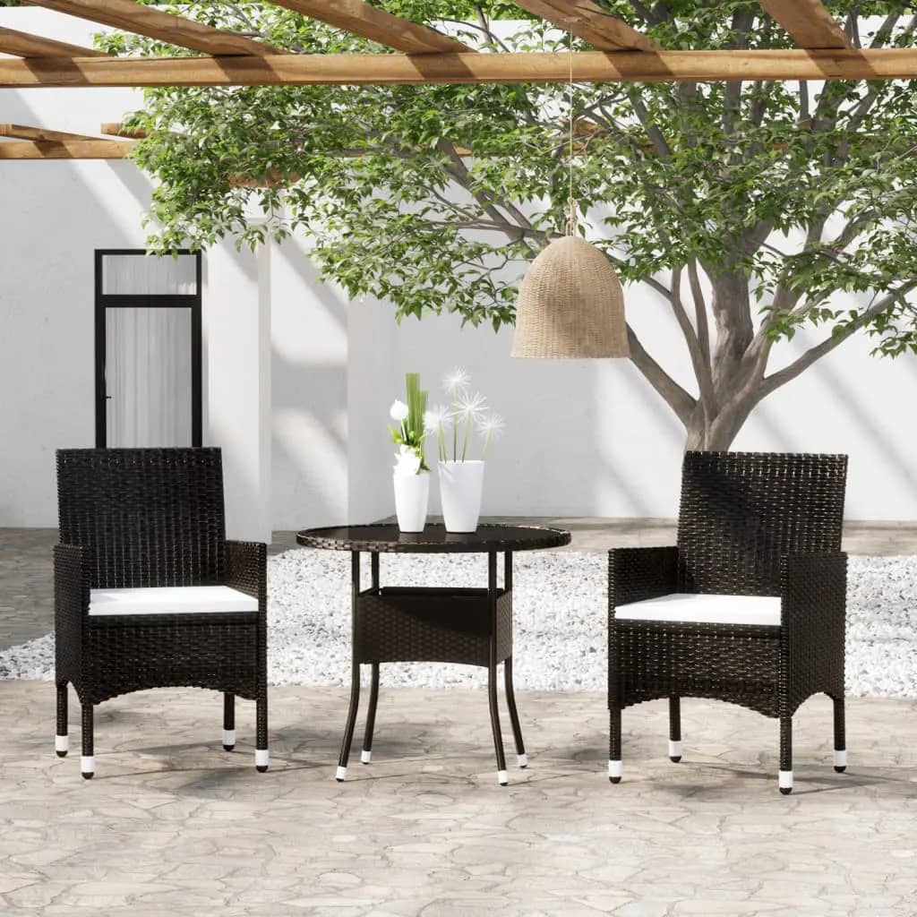 3 Piece Garden Bistro Set Poly Rattan and Tempered Glass Black