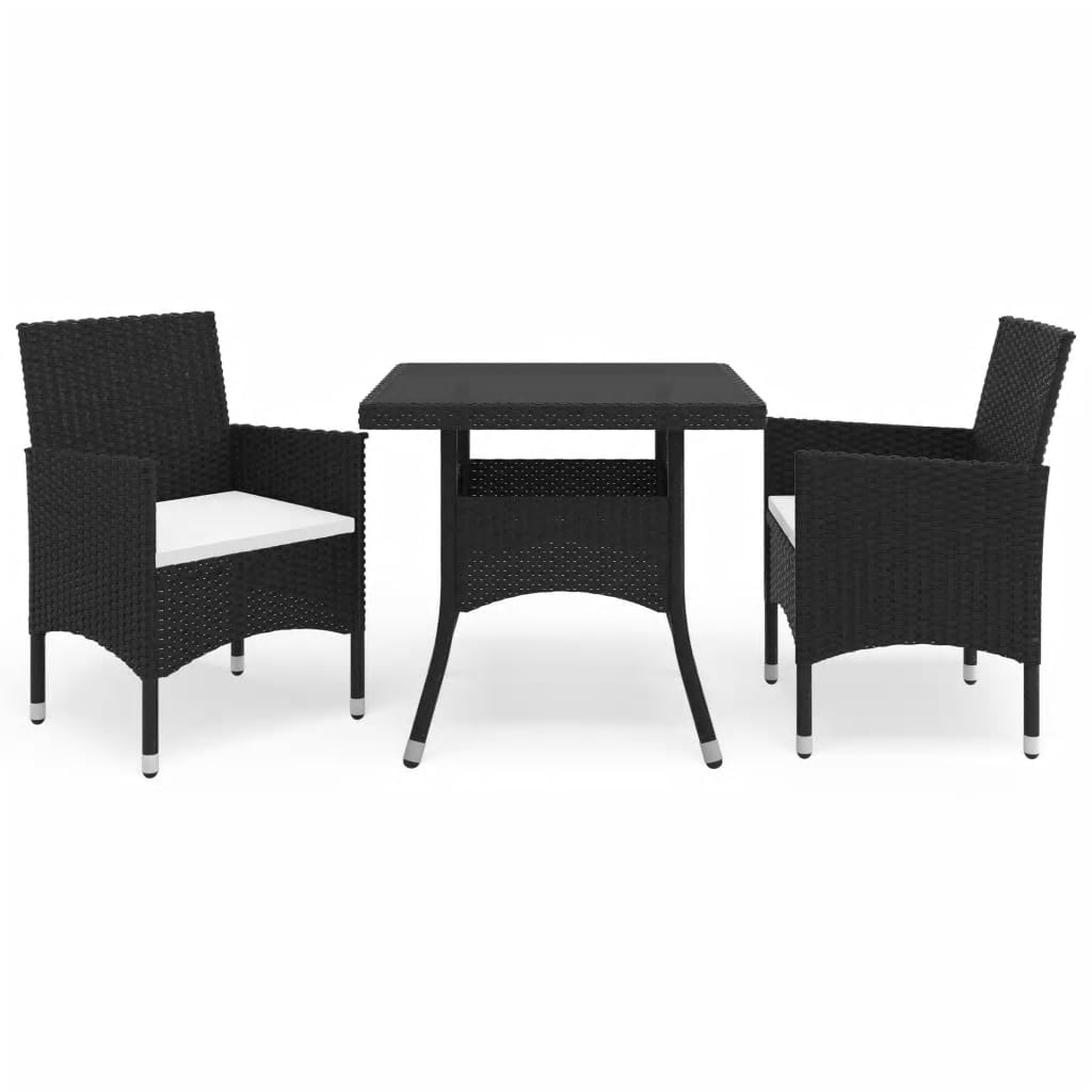 3 Piece Garden Dining Set Poly Rattan and Tempered Glass Black