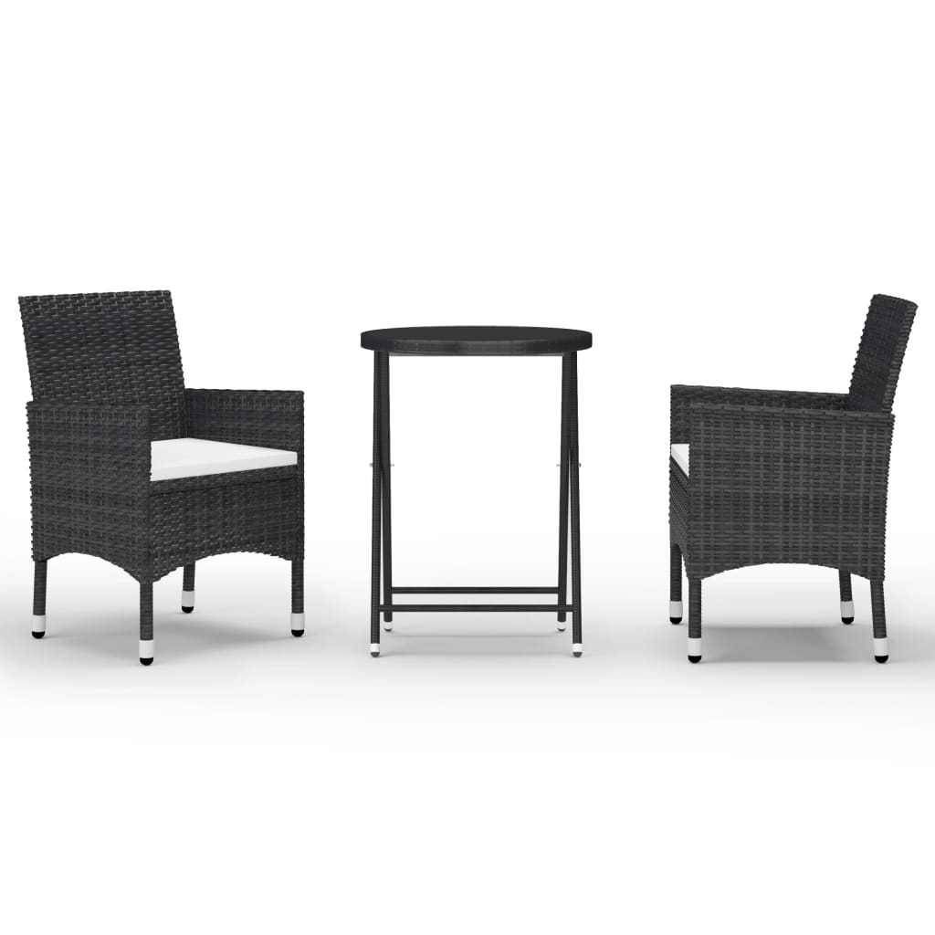 3 Piece Garden Bistro Set Poly Rattan and Tempered Glass Black