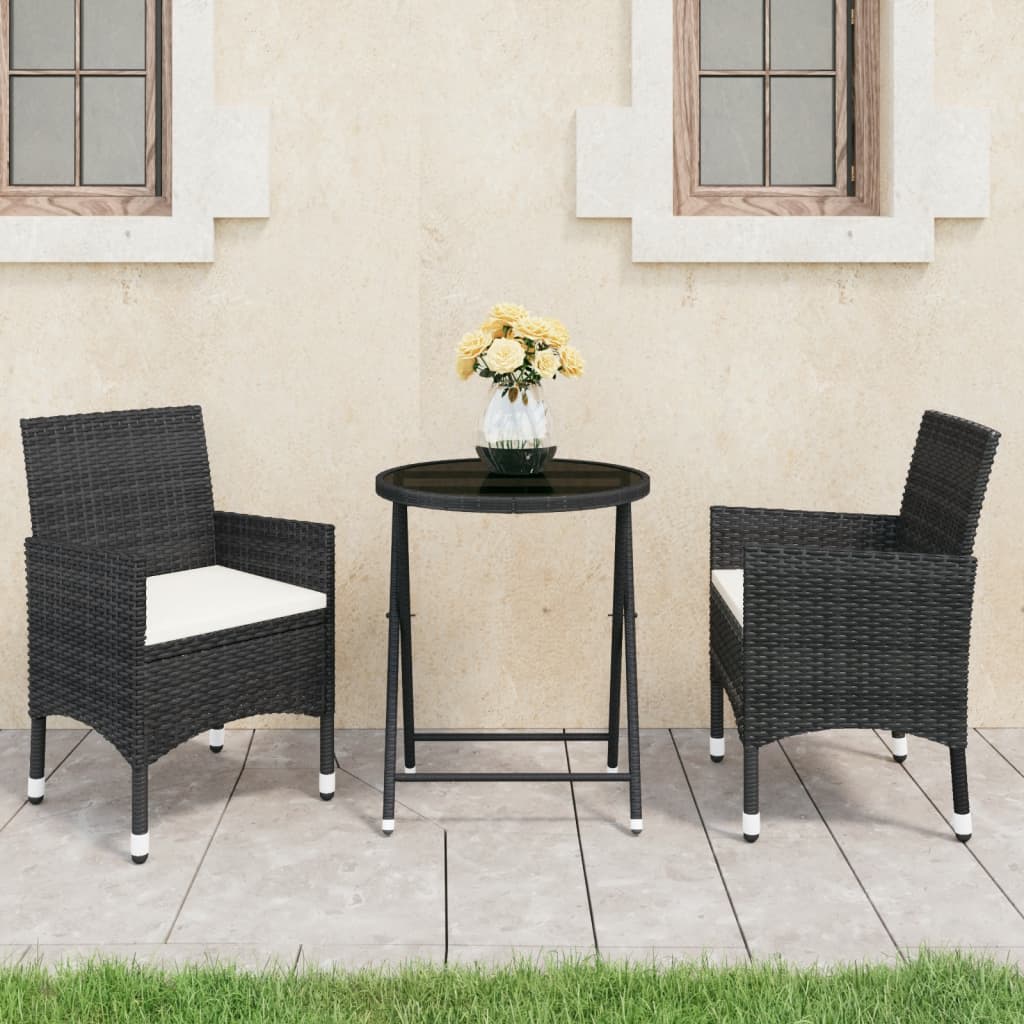 3 Piece Garden Bistro Set Poly Rattan and Tempered Glass Black