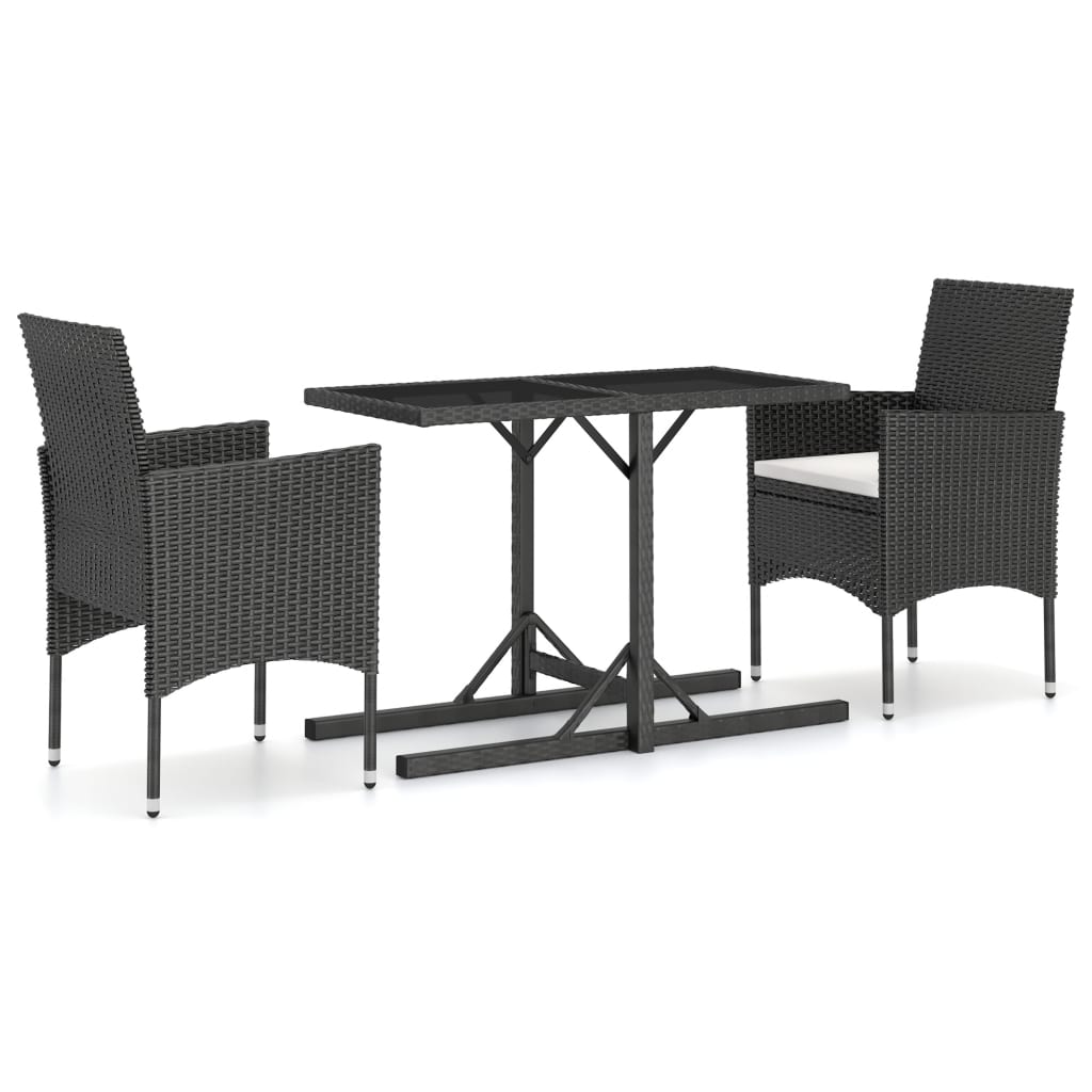 3 Piece Garden Dining Set Poly Rattan and Tempered Glass Black