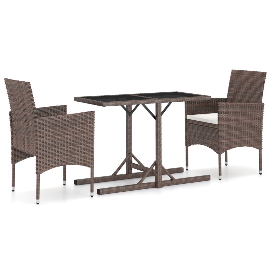 3 Piece Garden Dining Set Poly Rattan and Tempered Glass Brown