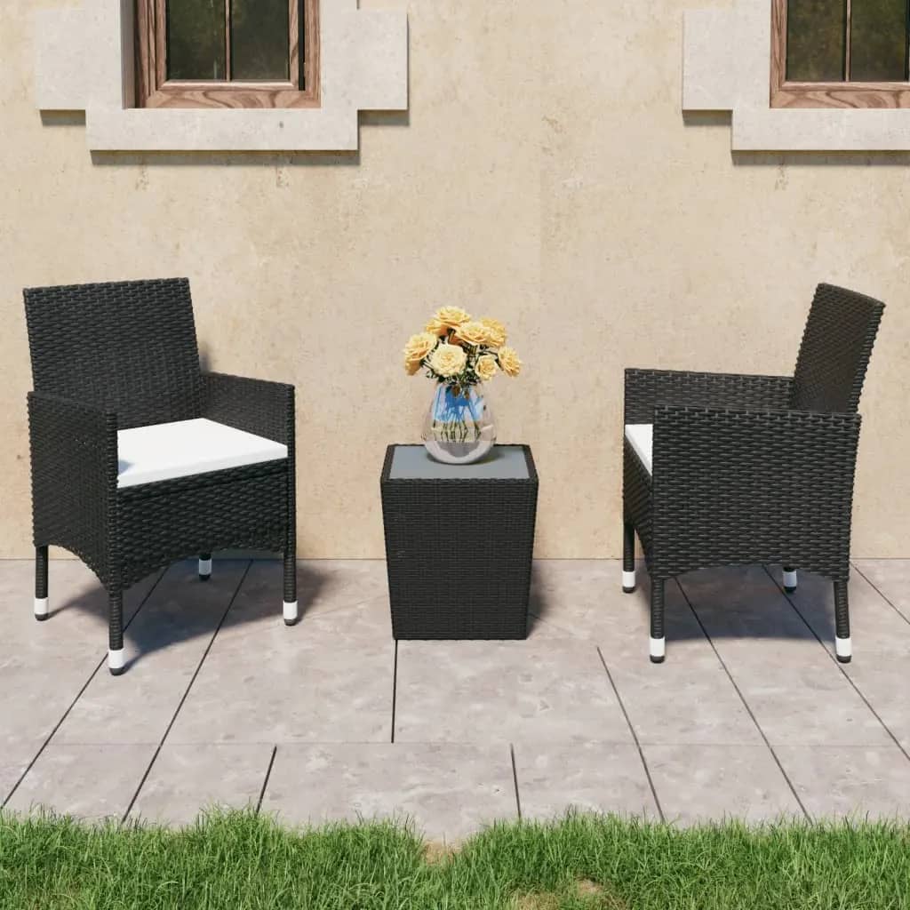 3 Piece Garden Bistro Set Poly Rattan and Tempered Glass Black