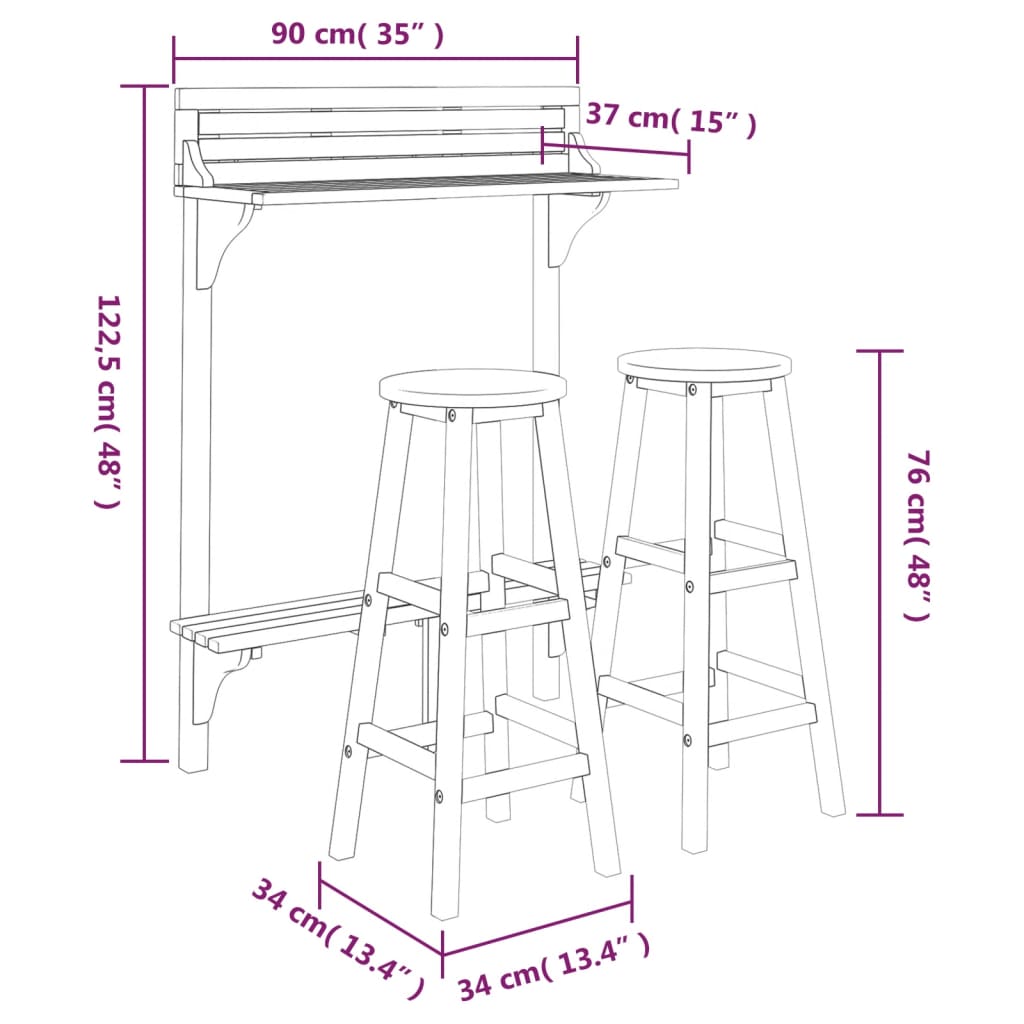 3 Piece Balcony Bar Set Solid Wood Acacia