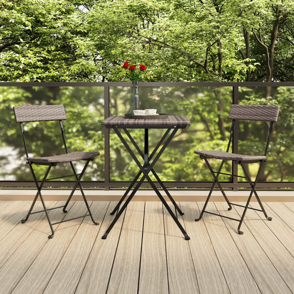 3 Piece Folding Bistro Set Grey Poly Rattan