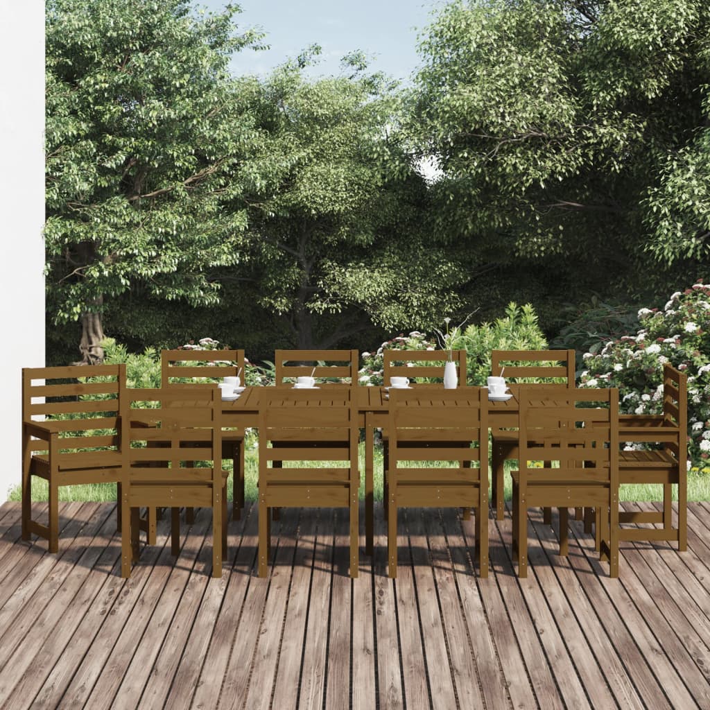 11 Piece Garden Dining Set Honey Brown Solid Wood Pine